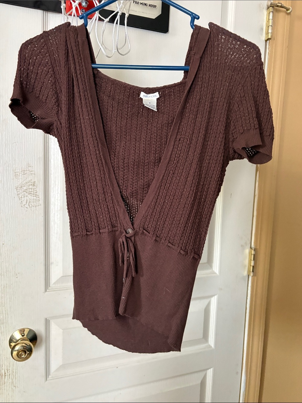 Maurices Brown Knit V-Neck Tie-Front Short Sleeve Top